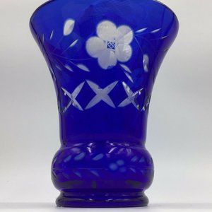 Czech  Glass Cobalt Blue Cut To Clear Crystal Vase